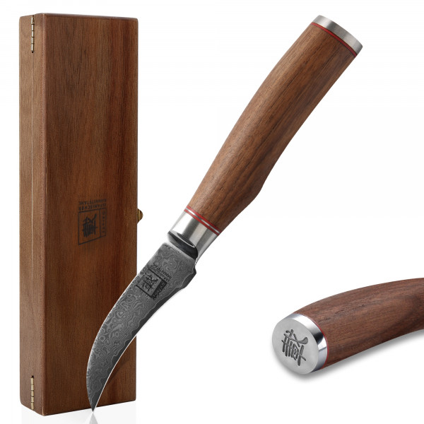 Zayiko Damastmesser Schälmesser 8 cm Klinge aus echtem Damaststahl mit Nussbaumgriff mit Holzbox Serie Kurumi