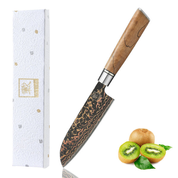 Zayiko BlackMagma – Kleines Santoku 12 cm | Damastmesser mit Kupfer-Bronze-Klinge & Ahornholzgriff