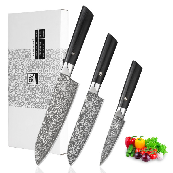 3er Messer-Set I 9,5-18 cm Klingen aus 67 Lagen dunklem Damaststahl I Pakkaholzgriff