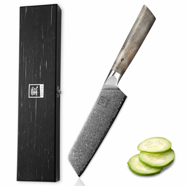 Kleines Santokumesser | 16 cm Klinge aus 67 Lagen Damaststahl | Ahornholzgriff