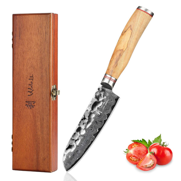 Kleines Santoku I 12 cm Klinge aus 67 Lagen Damaststahl I Olivenholzgriff I Holzbox