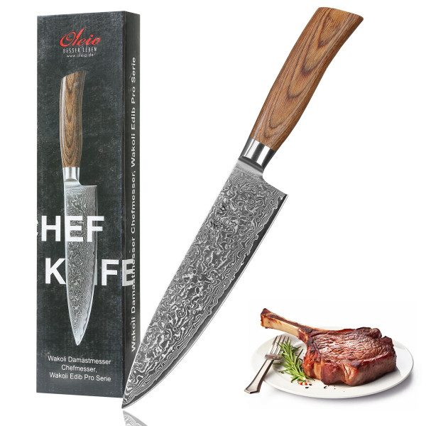 Chefmesser I 20 cm Klinge aus 67 Lagen Damaststahl I Pakkaholzgriff