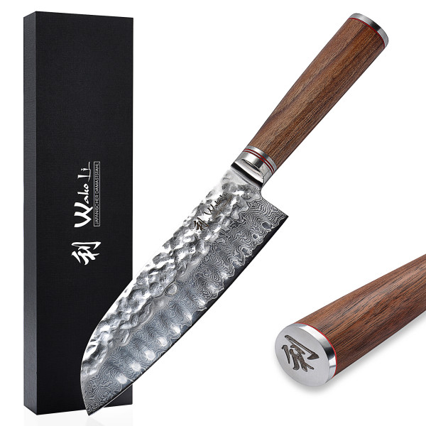 Wakoli Nussbaum Damast Santokumesser I 17,5 cm Klinge I Nussbaumholzgriff