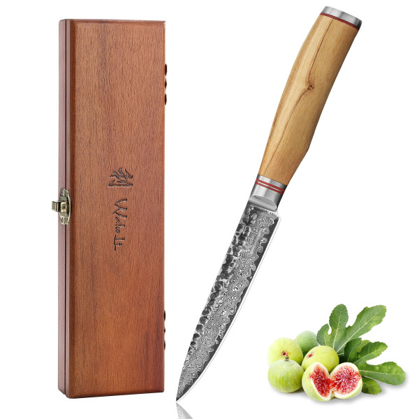 Allzweckmesser I 12,5 cm Klinge aus 67 Lagen Damaststahl I Olivenholzgriff und Hammerschlag