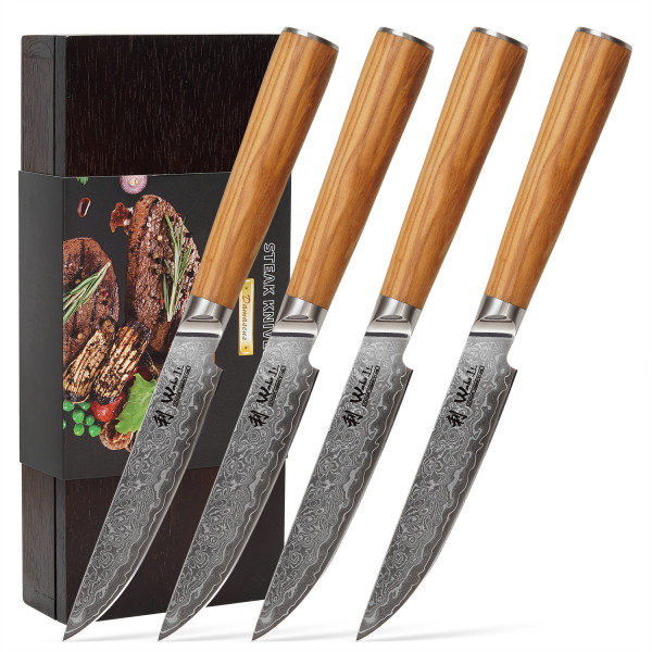 Wakoli Oribu - Exklusive 4er Damast Steakmesser-Set, Klingenlänge 12.50 cm mit Olivenholzgriff