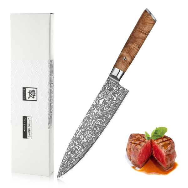 Chefmesser I 20 cm Klinge aus 67 Lagen Damaststahl I Wurzelholzgriff Birke