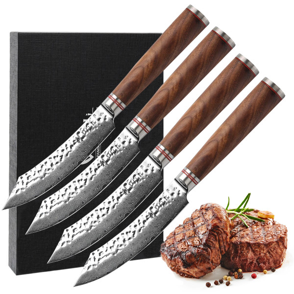 Wakoli Nussbaum 4er Damast Steakmesser-Set I 12,5 cm Klingen I Nussbaumholzgriffe