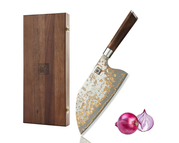 MysticMagma Kochmesser Chai Dao I 20 cm Klinge aus 67 Lagen Damaststahl mit Kupfer- und Bronze-Einlage I DualCurve Griff aus Ahornwurzelholz I Holzbox