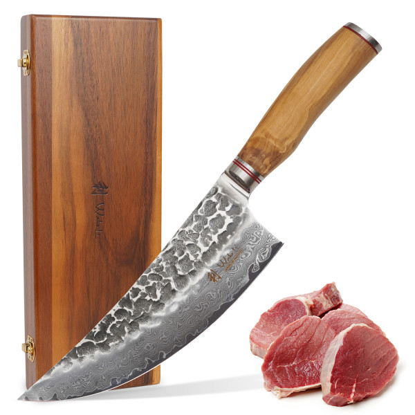 Wakoli Damast Wiegemesser 20 cm Klinge mit Hammerschlag schwarz und Olivenholzgriff Serie Olive HS