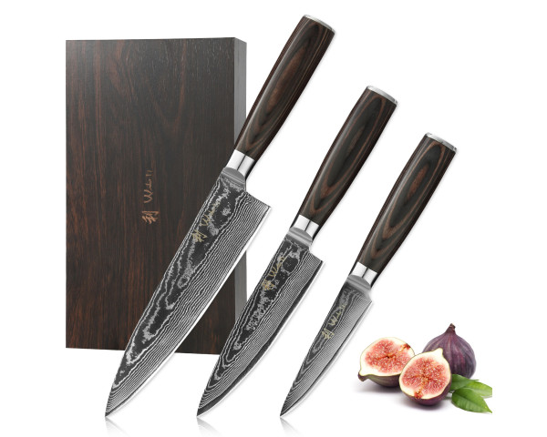 3er Damastmesser-Set inklusive Holzbox und Klingenschutz