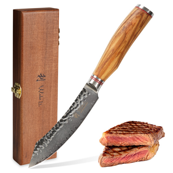 Wakoli Damast Steakmesser 12,50 cm Klinge mit Hammerschlag schwarz und Olivenholzgriff Serie Olive HS