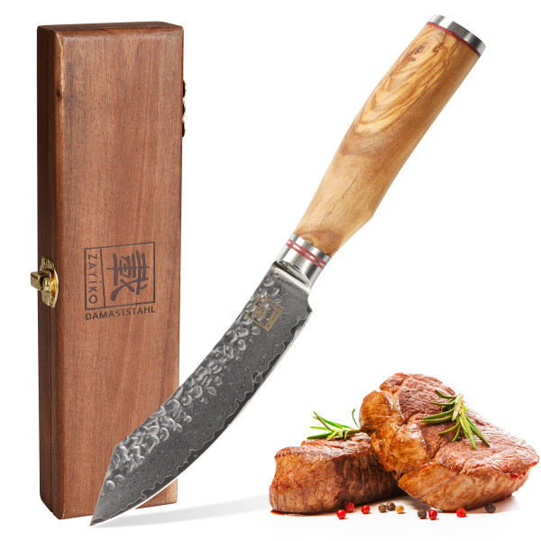Steakmesser I 12 cm Klinge aus 67 Lagen Damaststahl I Olivenholzgriff I Holzbox