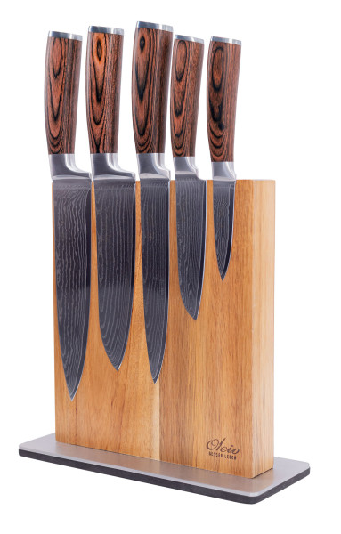 5er Damastmesserset in Holzbox | 8 - 20cm Klinge aus 67 Lagen Damaststahl | Pakkaholzgriff | Messerblock