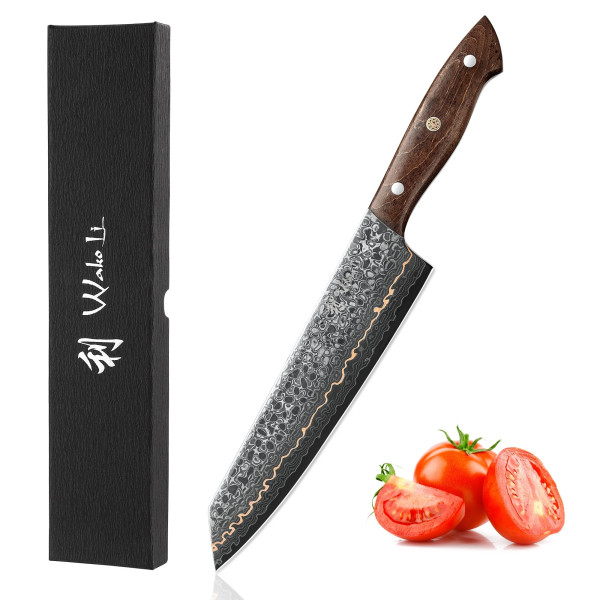 Wakoli Kawa Serie Damastmesser Kiritsuke I 20 cm | Premium Damast Küchenmesser mit Kupfereinlage & Holzgriff | Perfekte Geschenkidee