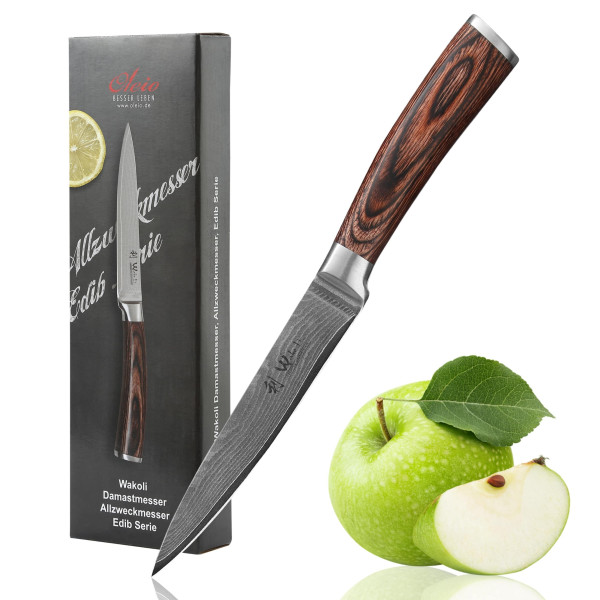 Damast Allzweckmesser | 12,5 cm Klinge aus 67 Lagen Damaststahl | Pakkaholzgriff