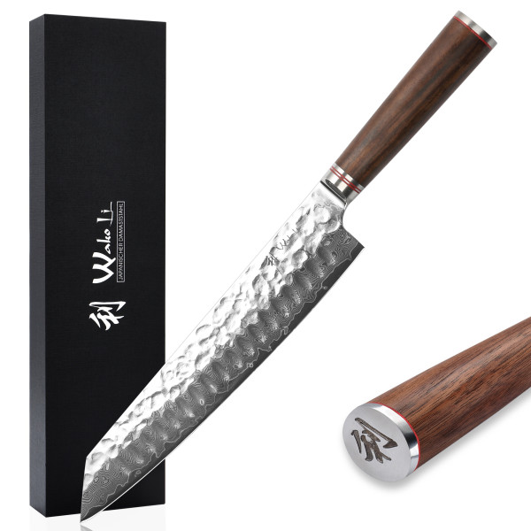 Wakoli Nussbaum Damast Chefmesser Kiritsuke mit 20 cm scharfer Klinge, Hammerschlag und Nussbaumgriff