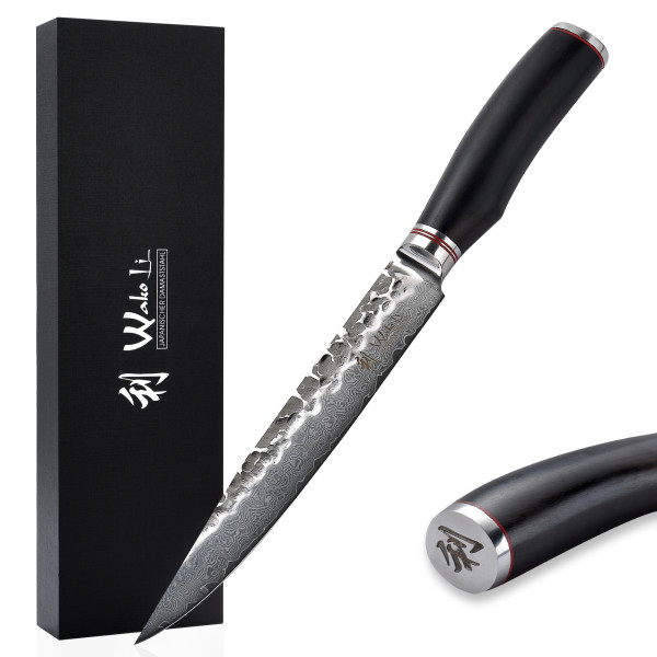 Wakoli EBO Damast Fleischmesser I 20 cm Klinge mit Hammerschlag I schwarzer Eichenholzgriff
