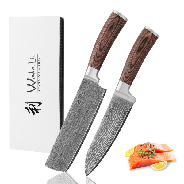 2er Damastmesser-Set | Santoku (17 cm) & Nakiri (17,5 cm) Messer mit 67 Lagen Damaststahl & VG10 Kern | Profi-Küchenmesser mit Pakkaholzgriff in Geschenkbox