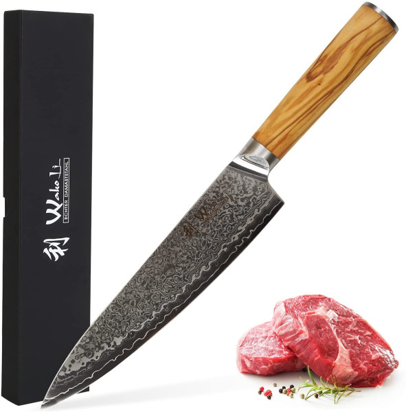 Damast Chefmesser | 20,00 cm Klinge aus 67 Lagen Damaststahl I Olivenholzgriff