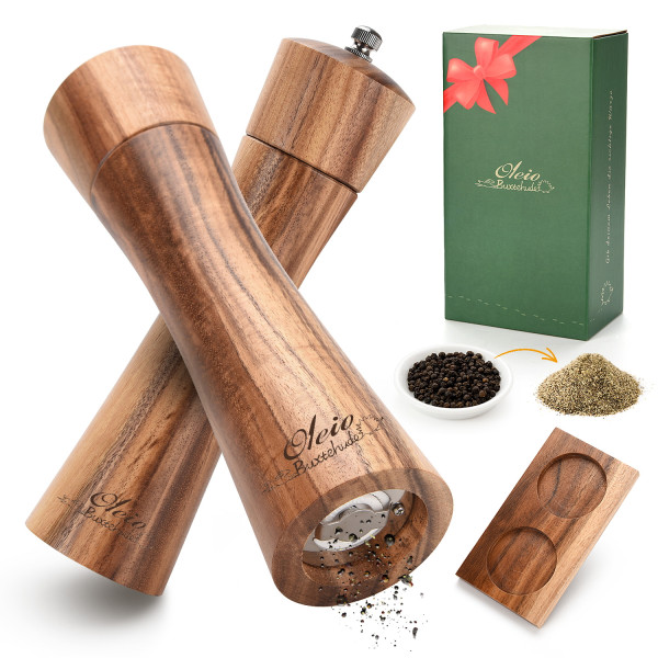 Oleio Buxtehude Kollektion Salz- und Pfeffermühle Modell Hase aus massivem Akazienholz inkl. Mühlenuntersetzer