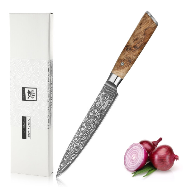 Tranchier- & Fleischmesser I 17 cm Klinge aus 67 Lagen Damaststahl I Wurzelholzgriff Birke