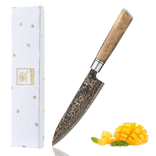 Zayiko BlackMagma – Allzweckmesser 14 cm | Vielseitiges Damastmesser mit Ahornholzgriff