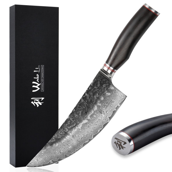 Wakoli Damast Wiegemesser 20,00 cm Klinge mit Hammerschlag und schwarzem Pakkaholzgriff Serie Ebo