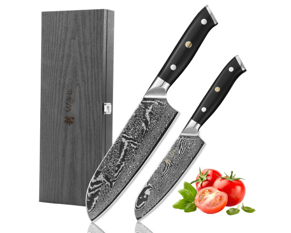 2er Set Damastmesser - Profi Santoku Küchenmesser - 67 Lagen Damaststahl - G10 Griff, Full tang