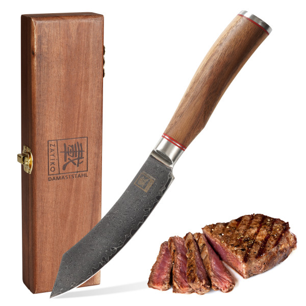 Zayiko Damastmesser Steakmesser 12 cm Klinge aus echtem Damaststahl mit Nussbaumgriff mit Holzbox Serie Kurumi