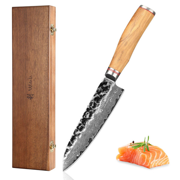 Santokumesser I 17 cm Klinge aus 67 Lagen Damaststahl I Olivenholzgriff und Hammerschlag