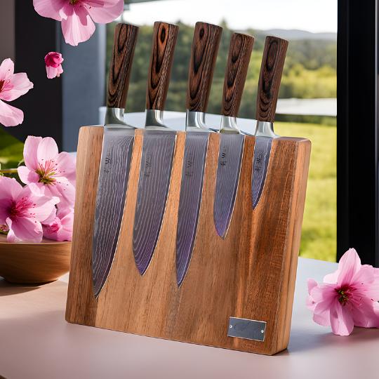 5er Damaszener Messerset | Chef-, Santoku-, Fleisch-, Kleines Santoku- und Officemesser | Klingenlängen von 8,50 bis 18,00 cm Inkl. magnetischem Messerbrett Akazienholz