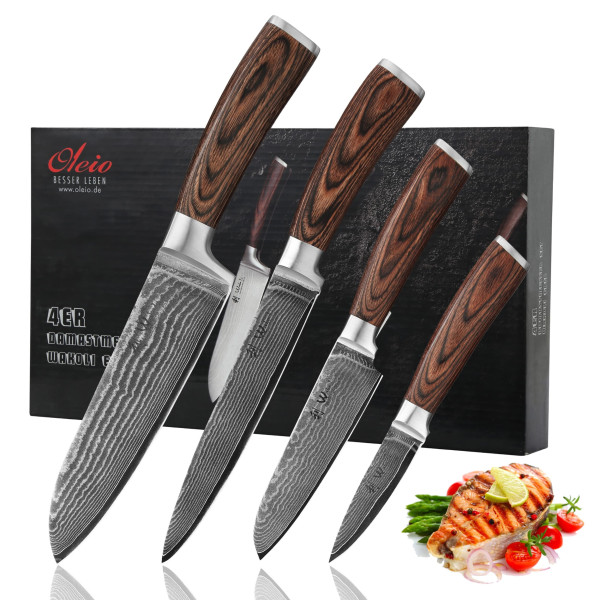 4er Damastmesser-Set | 8 - 18cm Klinge aus 67 Lagen Damaststahl | Pakkaholzgriff
