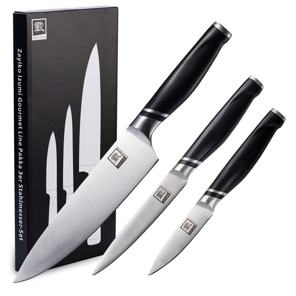 Zayiko 3er Messer-Set - Klingenlängen von 8,50 cm bis 20,00 cm I Scharfe Küchenmesser und Profi Kochmesser aus deutschem Stahl mit ABS Griff und Geschenkbox Serie Zayiko NAMI