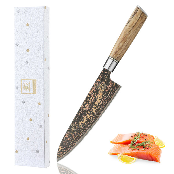 Zayiko BlackMagma – Chefmesser 19 cm | Kraftvolles Damastmesser mit Ahornholzgriff & Kupfer-Bronze-Detail