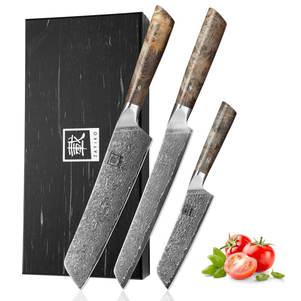 3er Damastmesser-Set | 12-20 cm Klinge aus 67 Lagen Damaststahl | Ahornholzgriffe