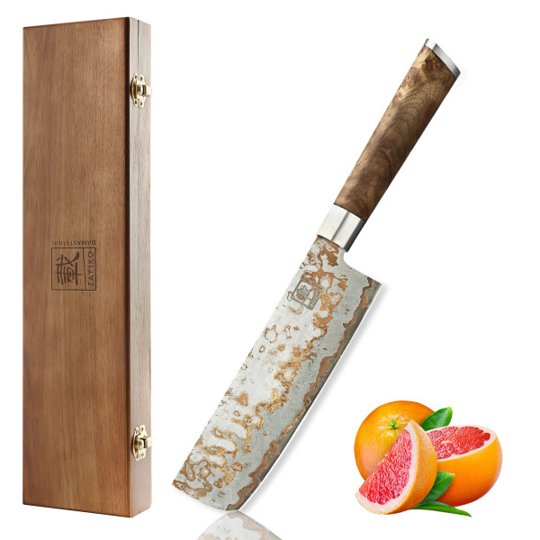 MysticMagma Nakiri I 17 cm Klinge aus 67 Lagen Damaststahl mit Kupfer- und Bronze-Einlage I DualCurve Griff aus Ahornwurzelholz I Holzbox