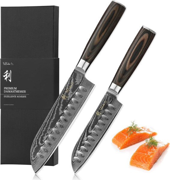 2er Damast Santokumesser-Set - Inklusive Geschenkbox und Fingerschutz