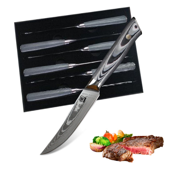Zayiko - Exklusive 6er Damast Steakmesser, Klinge 12.50 cm Länge - sehr hochwertiges, extra scharfes Profi Steakmesser-Set mit Damastklingen und G10 Griffen